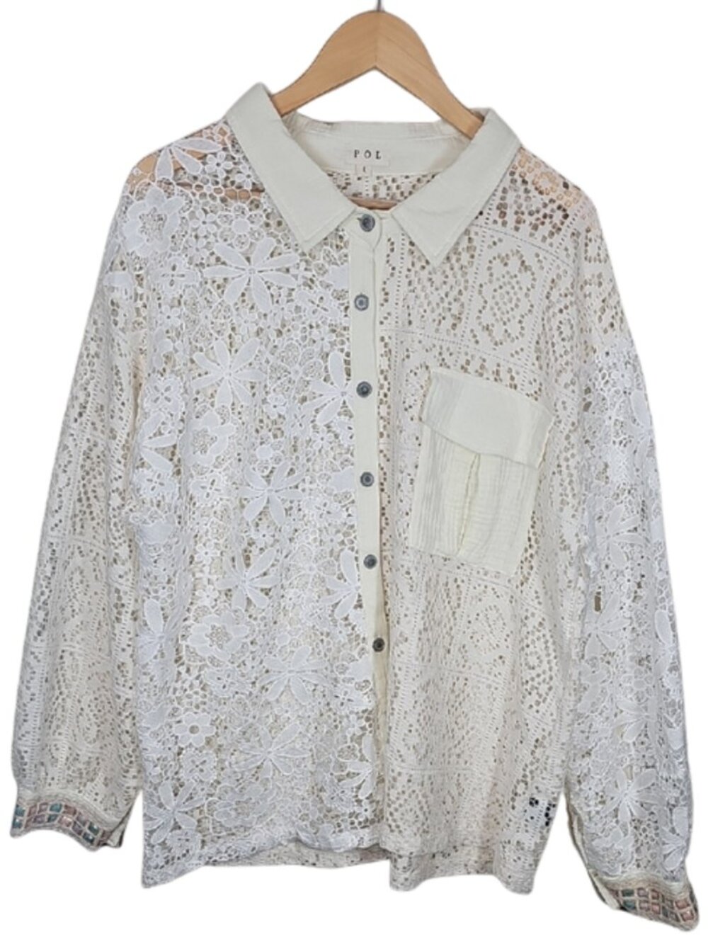 POL Floral Crochet Lace Button-Down Blouse L Cottagecore Boho Chic Whimsigoth